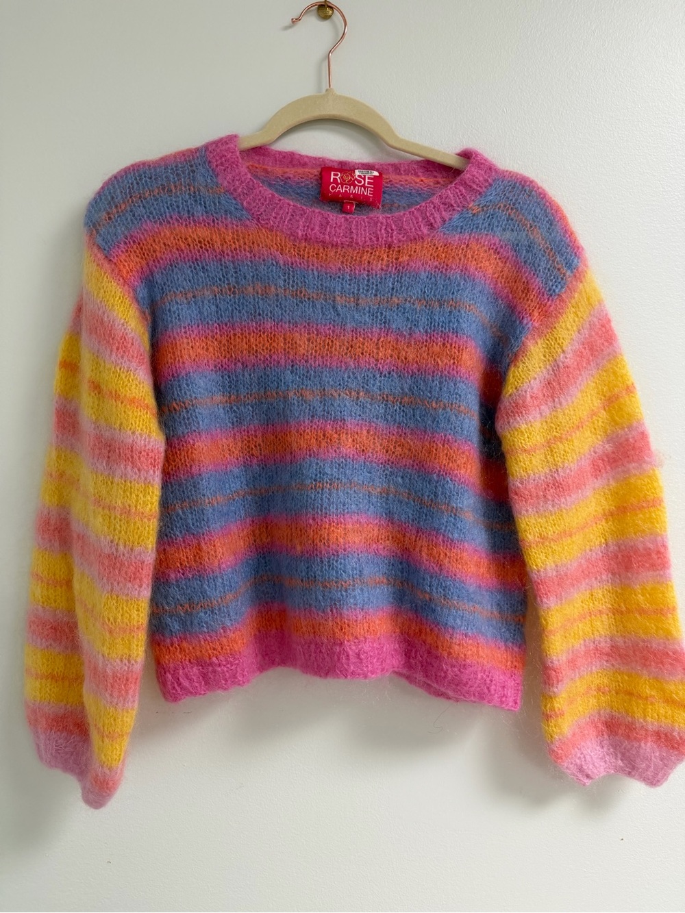 Rose Carmine Multicolor Striped Crewneck Sweater - Pink/Blue/Yellow - Size 1